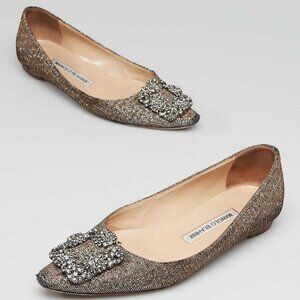 Manolo Blahnik Gold Jacquard Fabric Hangisi Ballet Flats Size 4/34.5